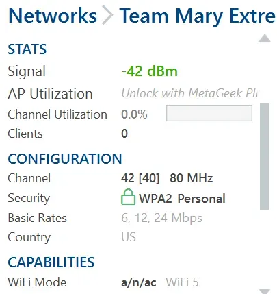 WiFi network dashboard for Team Mary Extre showing channel 42, WPA2 security, and WiFi 5 capabilities