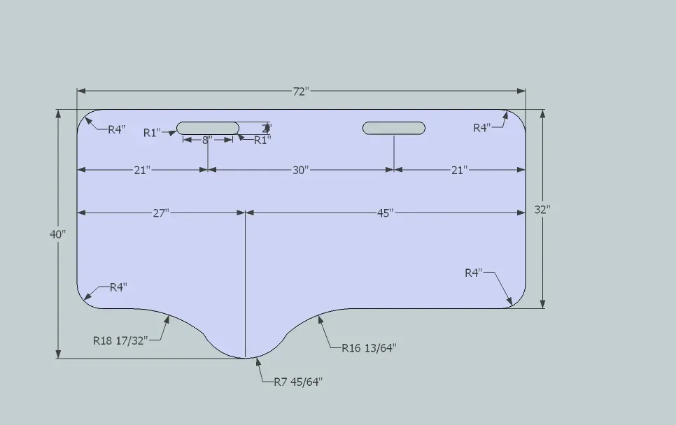 Technical drawing of a flat, irregularly shaped part with two rectangular slots, rounded corners, and a curved lower edge, annotated with detailed dimensions including overall width, height, slot spacing, and multiple radii.