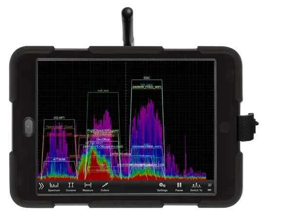 Oscium Wi-Pry device displaying a spectrum analysis graph with various signal peaks and data visualizations on its screen.