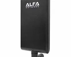ALFA Network directional Wi‑Fi adapter standing upright on its base, shown from the front with the brand name visible.