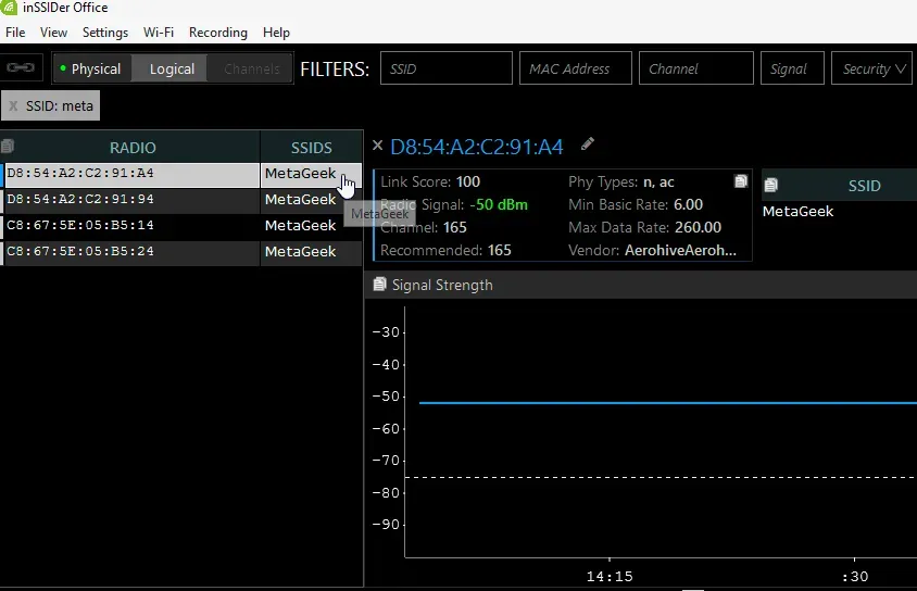 Screenshot of the inSSIDer software interface displaying a detailed view of network data, including MAC addresses, signal strength, and channel information, with a graph illustrating signal fluctuations over time.