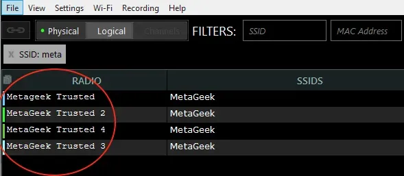 Screenshot of a network analysis tool displaying a filtered list of SSIDs labeled "Blackhawk Trusted" with corresponding MAC addresses from MetaGeek devices.