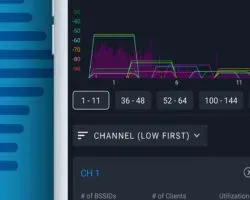 Air Viewer channel view showing Wi‑Fi signal activity across 2.4 and 5 GHz channels with per‑channel details for BSSIDs, clients, and utilization.