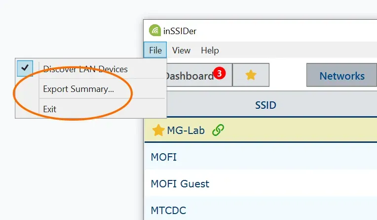 inSSIDer window showing the File menu open above a list of detected Wi‑Fi networks, with MG‑Lab highlighted.