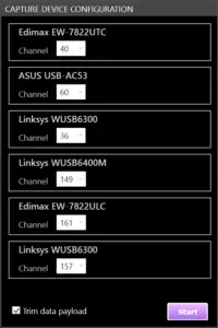Eye P.A. Capture Device Configuration screen showing multiple Wi‑Fi USB adapters with assigned channels, a Trim Data Payload option, and a Start button for beginning packet capture.