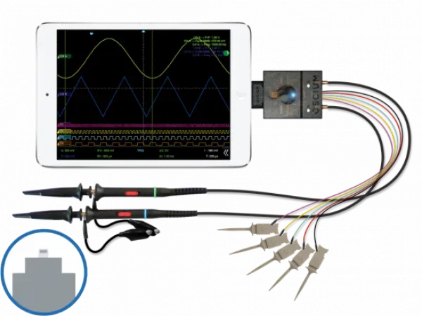 Tablet connected to the Oscium iMSO‑104 module with multiple probes attached, displaying live waveform signals for portable oscilloscope measurements.