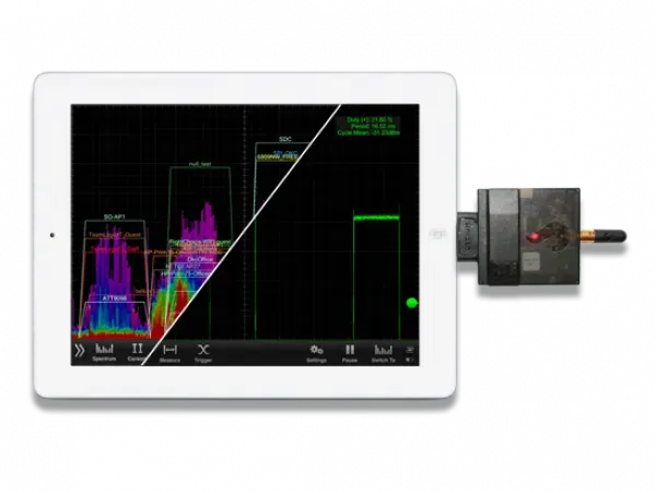 Tablet connected to the Oscium WiPry‑Pro showing a real‑time spectrum analysis display for the 2.4 GHz band.