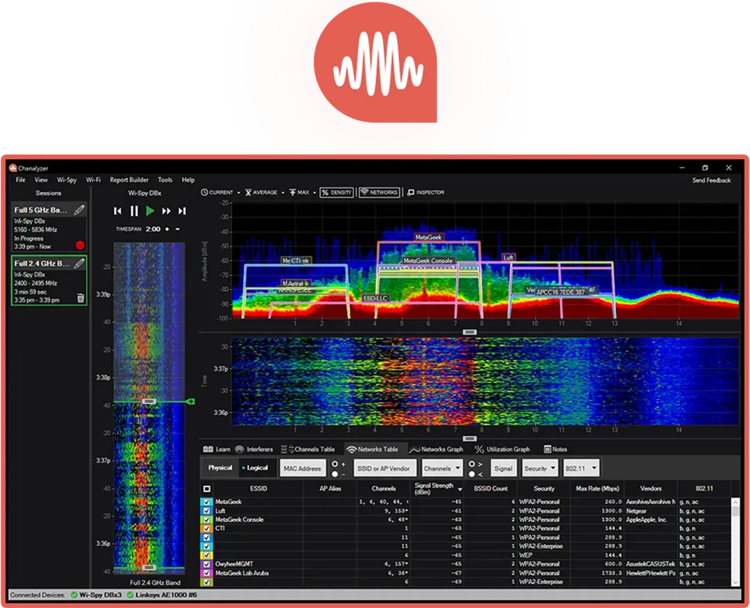 Chanalyzer Wi-Fi Analyzer with a report builder
