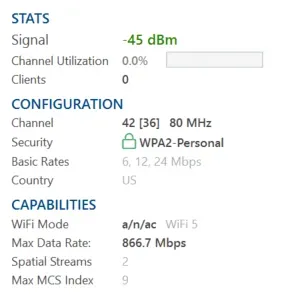 Wi‑Fi network stats panel showing –45 dBm signal, 80 MHz channel 42, WPA2‑Personal, and Wi‑Fi 5 capabilities.