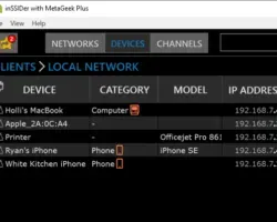 inSSIDer with MetaGeek Plus showing a Local Network client list, including device names, categories, models, and IP addresses for several computers, phones, and a printer.