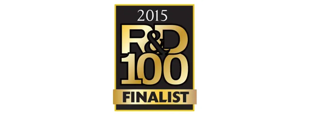 2015 R&D 100 Awards finalist badge with gold and white text on a black background.