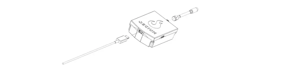 Line drawing of the Wi‑Pry 2500x USB power and data cable with rectangular inline module and attached connector.