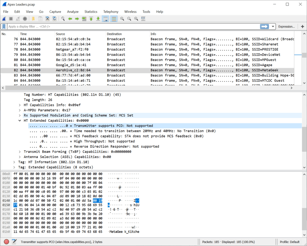 Hex editor–style view showing parsed beacon‑frame data, including file entries, metadata fields, and the hexadecimal and ASCII representation of the beacon contents.