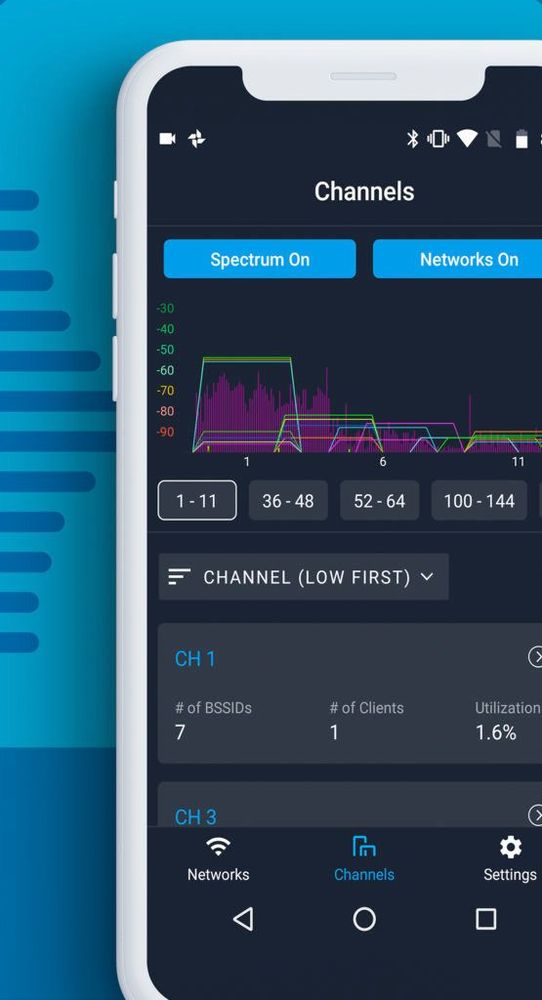 Air Viewer channel view displaying Wi‑Fi signal activity across 2.4 and 5 GHz bands with per‑channel metrics such as signal strength, channel width, and frequency.