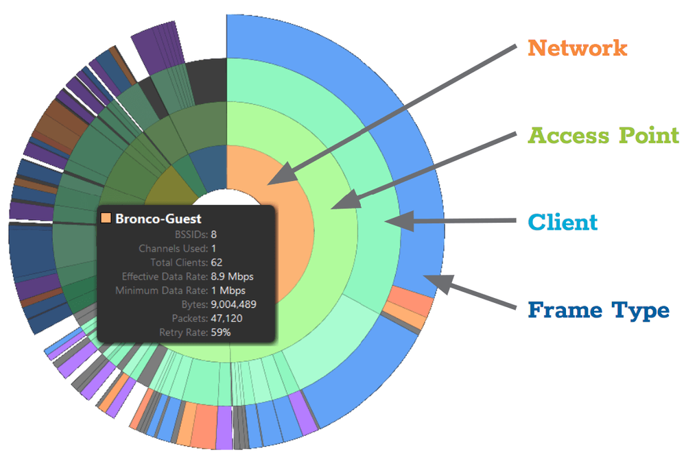 Eye P.A. visualization showing Wi‑Fi traffic broken into network, access point, client, and frame‑type layers, with a highlighted segment displaying detailed metrics for a selected network.
