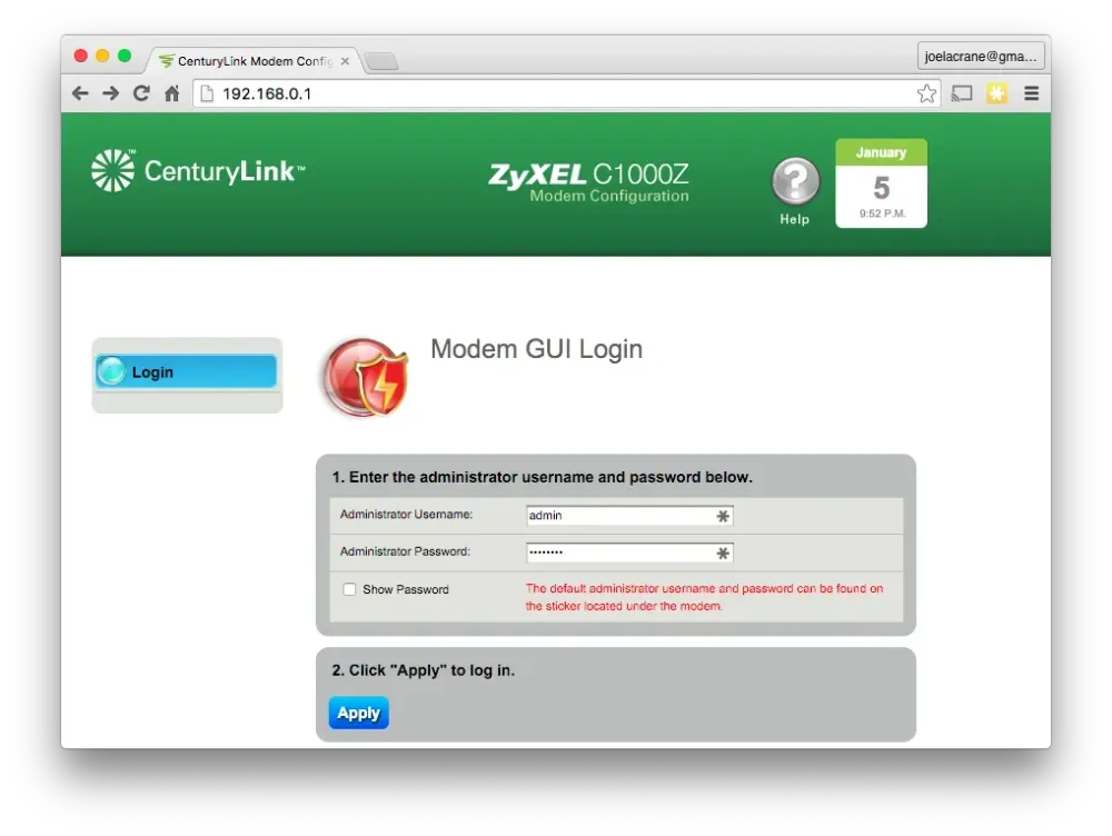 CenturyLink login screen showing administrator username and password fields with a failed login message.