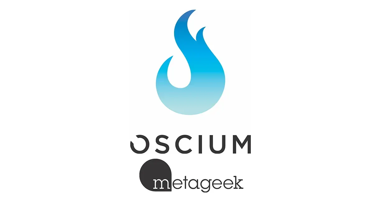 Combined logo representing Oscium's acquisition of MetaGeek, featuring a stylized blue flame above the "Oscium" name and the "metaGeek" brand name, signifying the merger of the two companies.