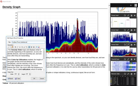 Chanalyzer Reporting example emphasizing a Wi‑Fi density graph showing signal amplitude and color‑coded utilization across channels for interference and spectrum‑use analysis.