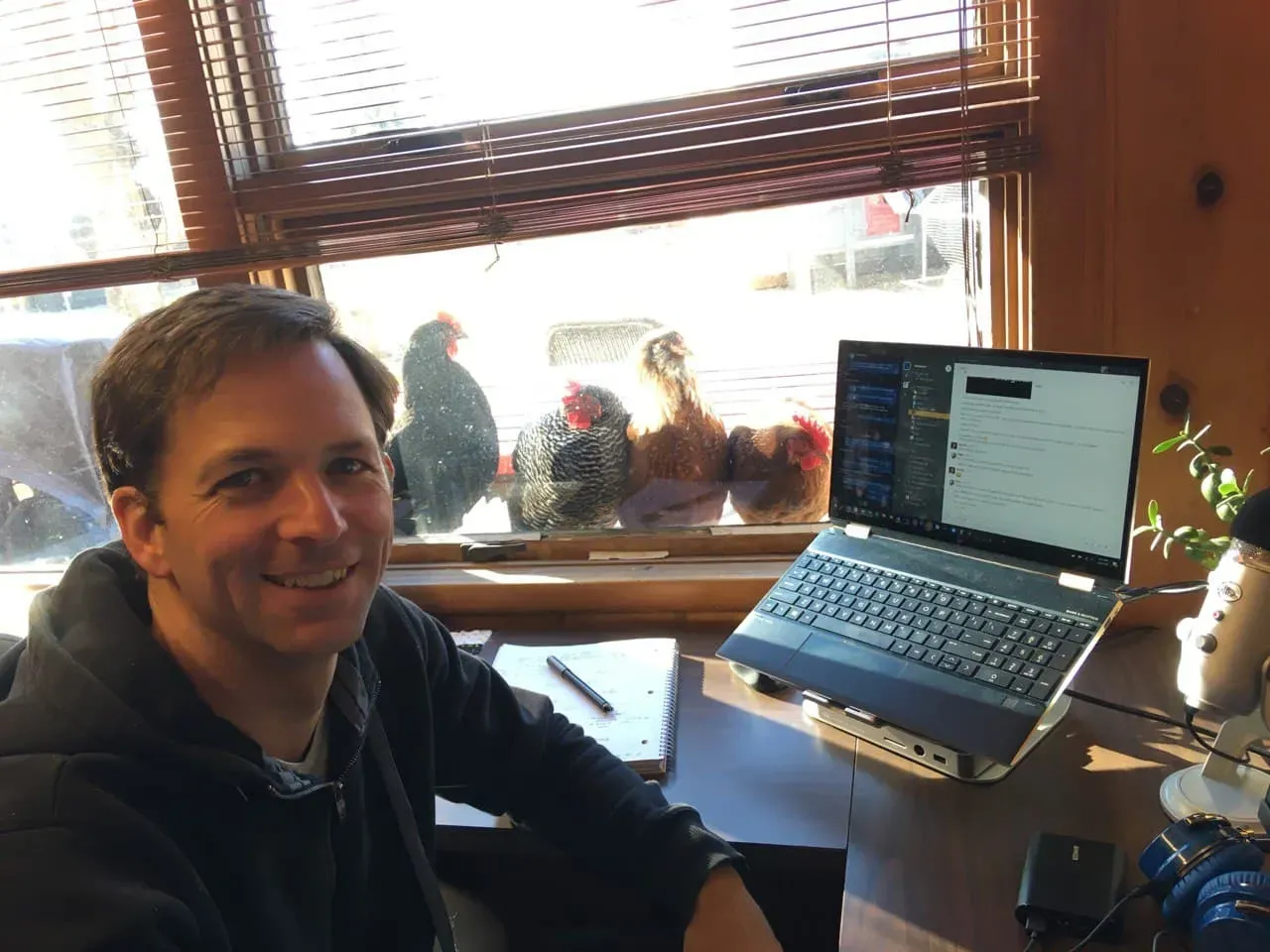 Man working at his home office while chickens stand outside his window.