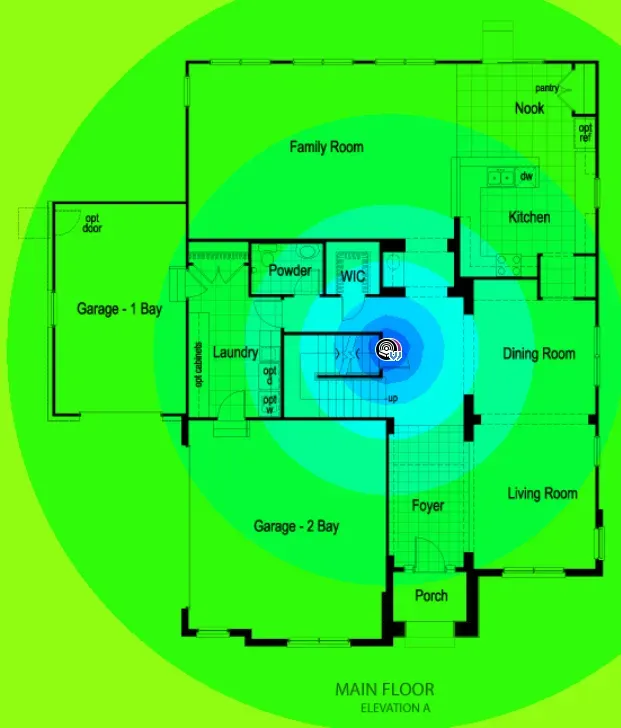 Diagram of a house's WiFi coverage area, illustrating signal strength radiating from a central access point and extending across various rooms including the Family Room, Kitchen, and Garage.
