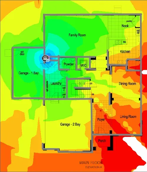 Heat map visualization of a house's WiFi signal coverage, showing varying signal strength across different rooms like the Family Room, Kitchen, and Garage, with stronger signals indicated by cooler colors.