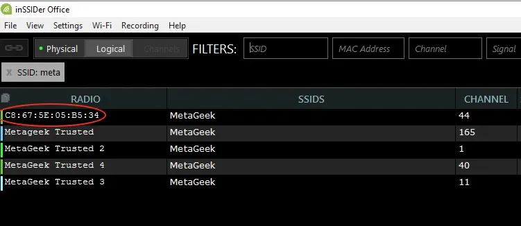 Screenshot of the inSSIDer software interface displaying a filtered list of WiFi networks, showing their SSIDs, MAC addresses, and channel numbers.