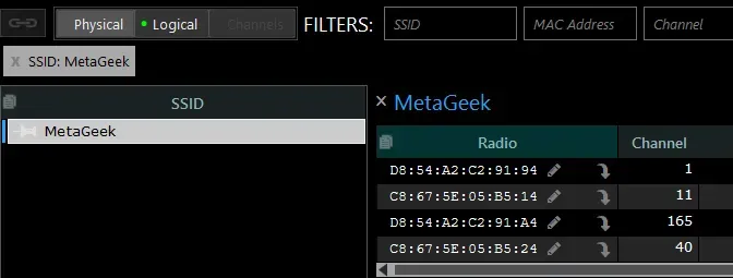 Wi‑Fi analysis interface filtered to the SSID “MetaGeek,” showing a table of detections all at the same timestamp with the network appearing on multiple channels.